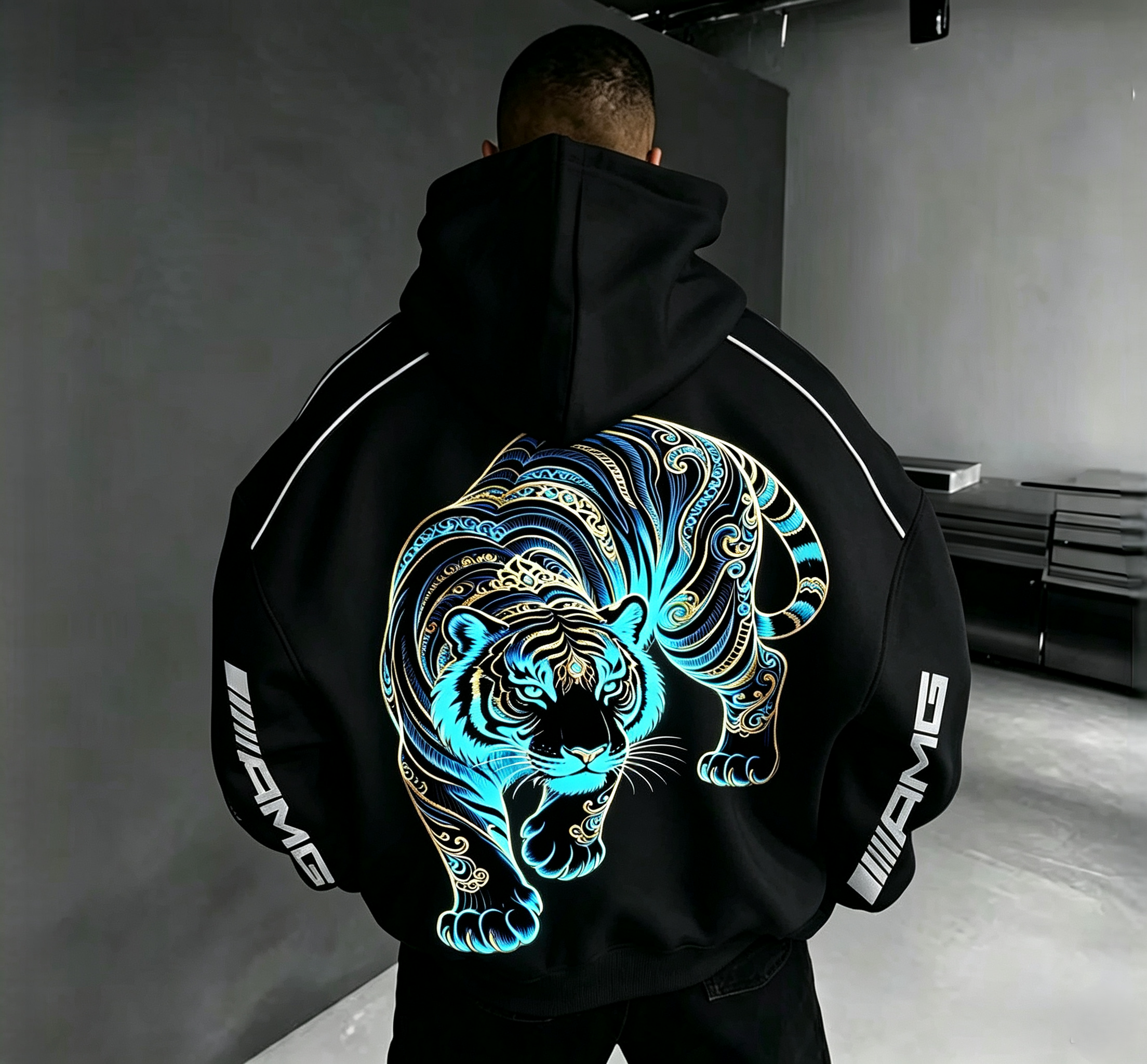White/Black Oversized Hoodie with Distressed Print
